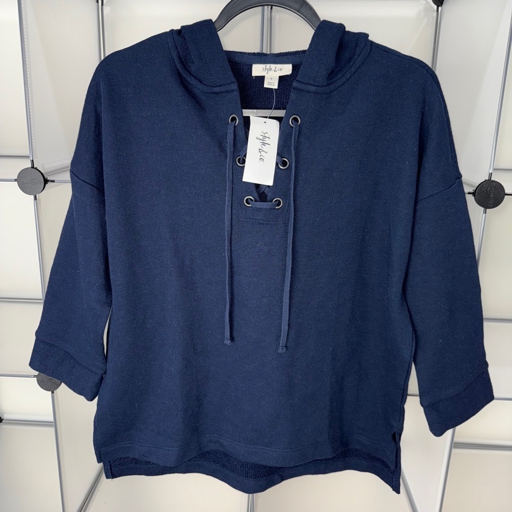 Style & Co Womens Industrial Blue Lace Up Pullover Hoodie Sweatshirt Size S NWT